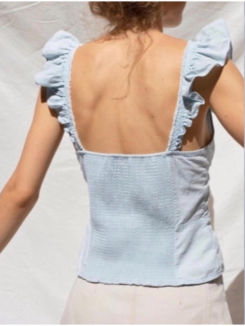 Free People Winona Light Wash Chambray Ruffle Top Small - Picture 4 of 9